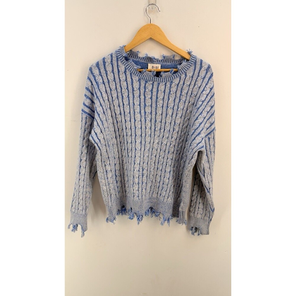 Bibi Women Sweater Size L Cable Knit Long Sleeve Distressed Chunky Blue - Picture 1 of 13